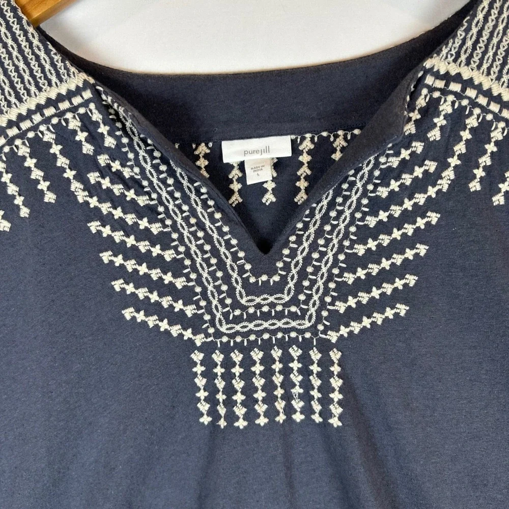 Pure Jill J Jill Embroidered V Neck Top Gray Linen Cotton Blend Women's L - Picture 8 of 12